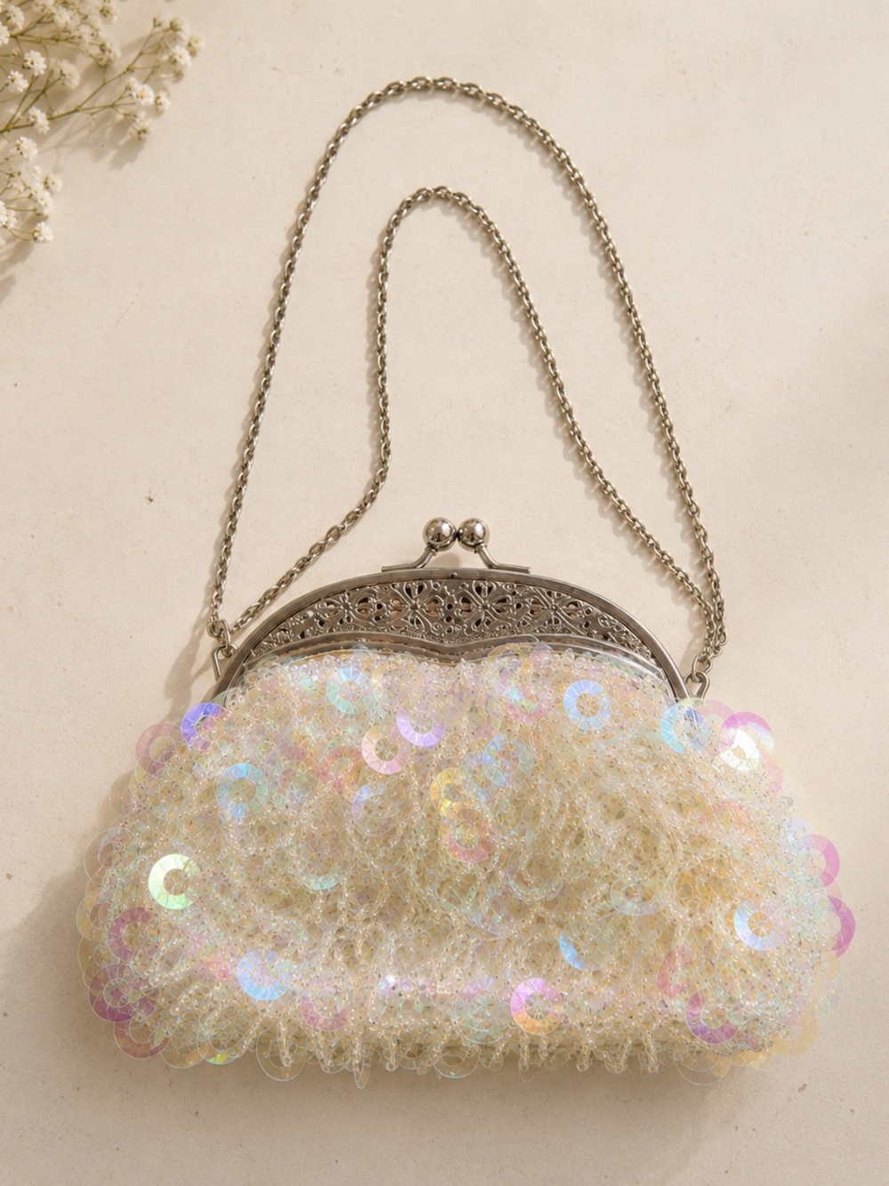 Iridescent Sequin Beaded Evening Clutch Purse Vintage Glam